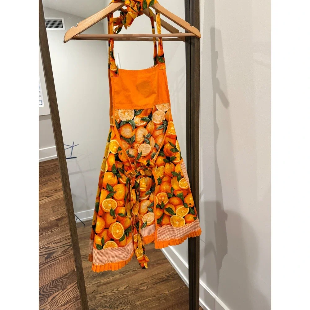 Orange Fruit Gingham Ruffle Apron Fruit of the Spirit is Joy Embroidered S/M